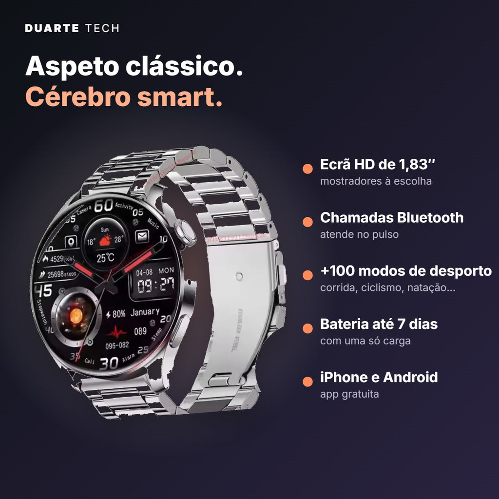 Smartwatch Atlas — Ecrã HD 1,83" e Bracelete em Aço